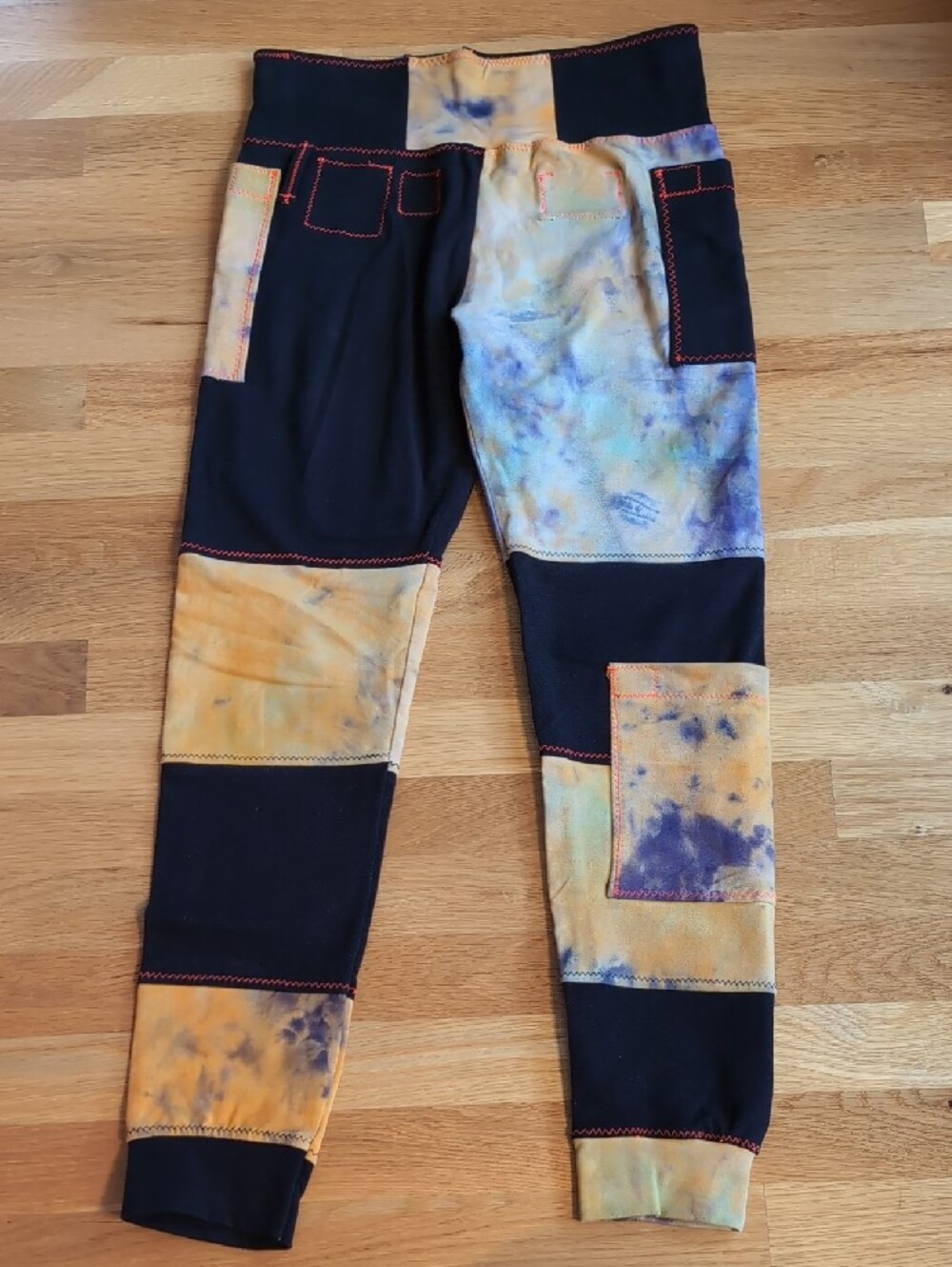 Plush Punk Black Leggings with Orange And Purple Tie-Dye Patchwork Size M